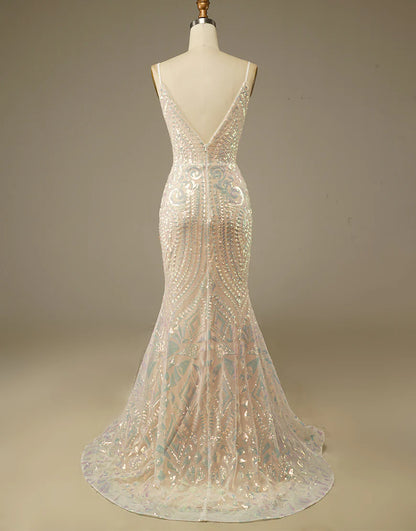 Glitter Mermaid Champagne V Neck Prom Dress Court Train Dresses