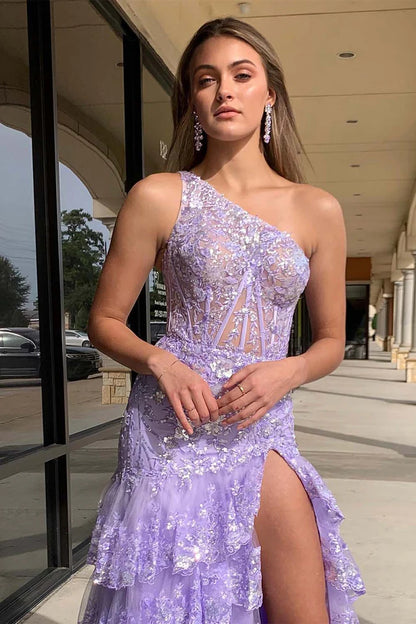 A-Line Princess One Shoulder Ruffle Tiered Corset Prom Dress with Sequin