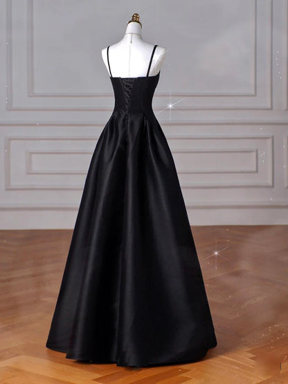 A-Line Satin Black Long Spaghetti Strap Prom Dress Evening Dress