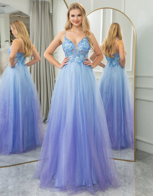 Glitter A Line Princess Tulle Long Prom Dress With Appliques