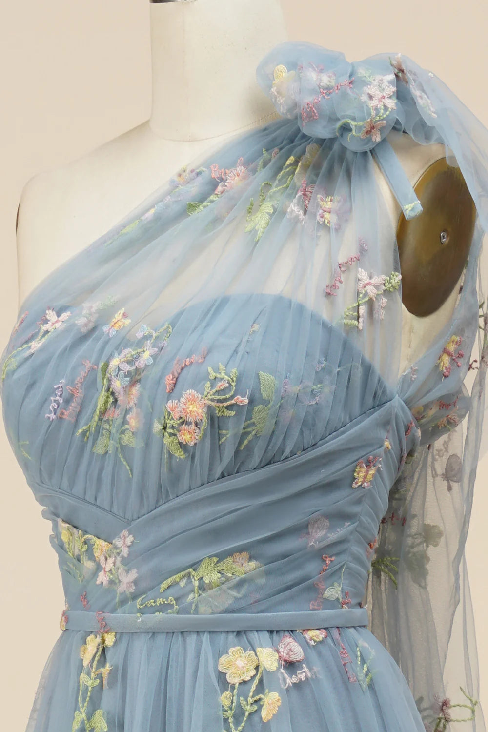 A-Line Grey Blue Tulle Floor-length Prom Dress With Embroidery