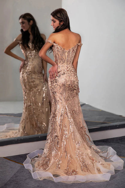 Off the Shoulder Slit Sequins/Sparkling Champagne Corset Prom Dress Court Train Dresses