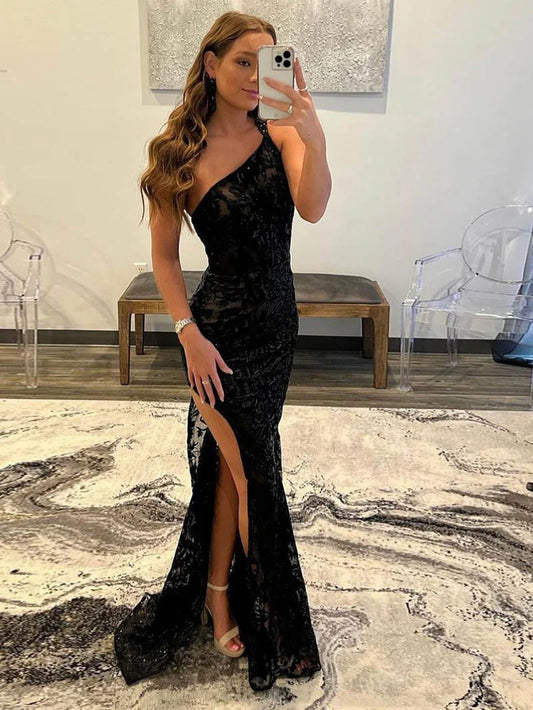 Black Mermaid One Shoulder Lace Prom Dress with Silt