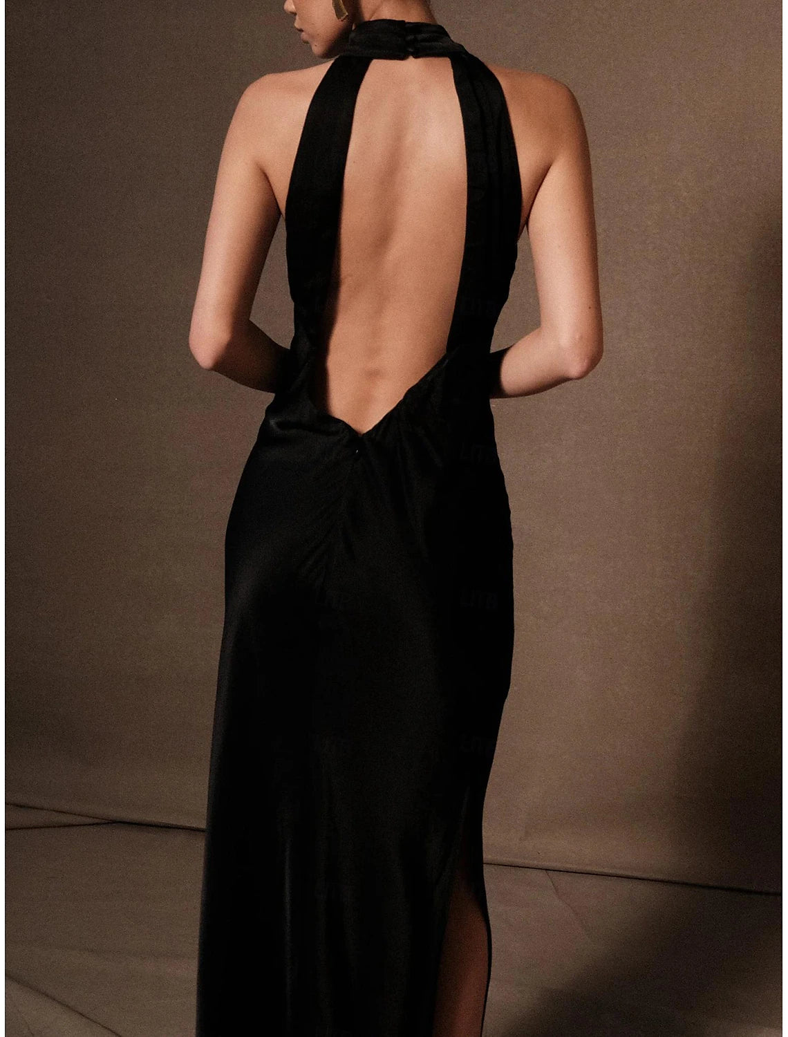 Black Column Elegant Dress Formal Floor Length Sleeveless Halter Neck Charmeuse Backless
