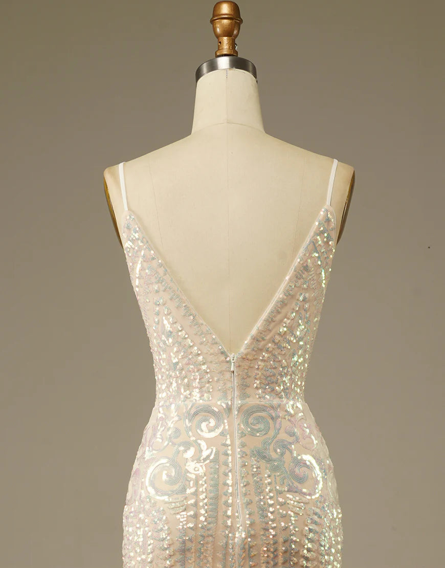Glitter Mermaid Champagne V Neck Prom Dress Court Train Dresses