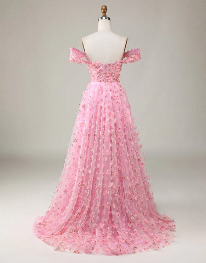 A-line Princess Off The Shoulder Prom Dress with 3D Flowers
