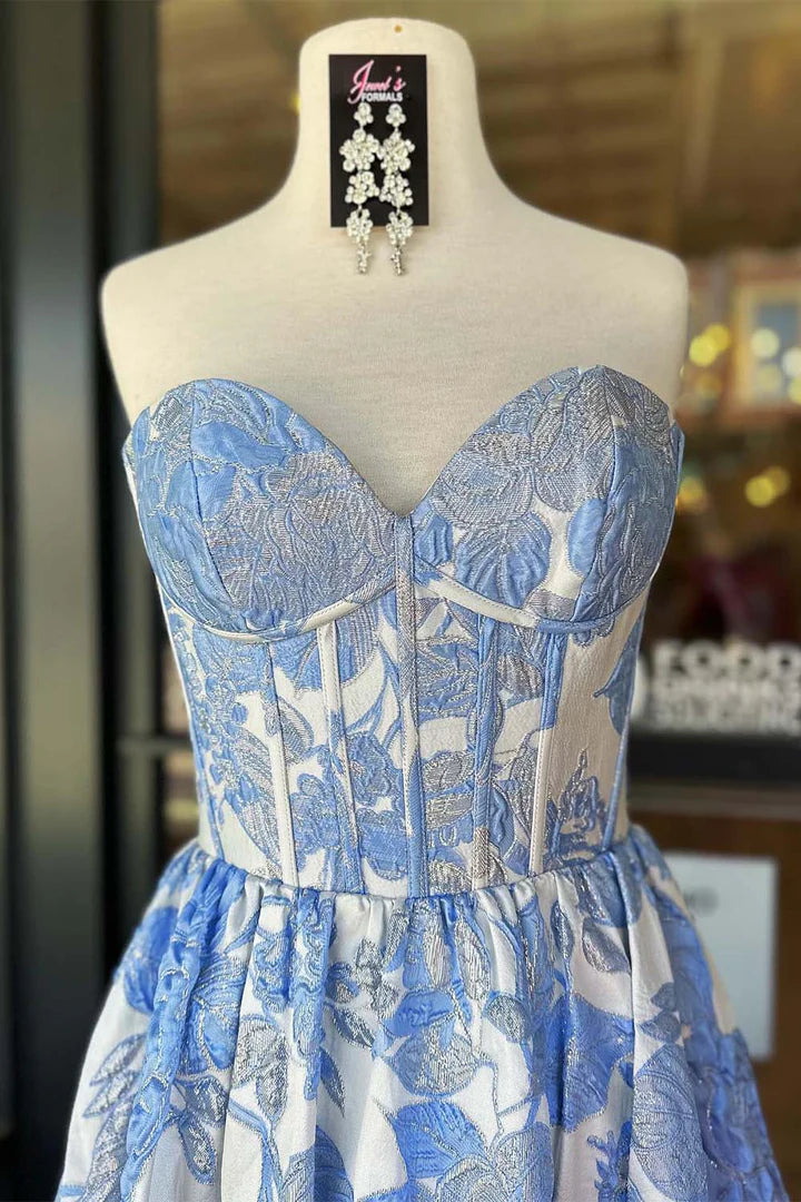 Strapless Floral Corset A-Line Long Prom Dress with Ruffle Hem