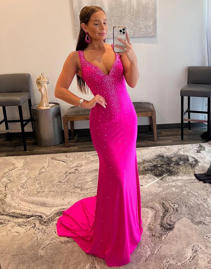 Fuchsia Mermaid Long V-Neck Prom Dress with Beading
