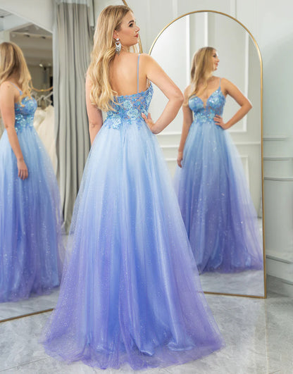 Glitter A Line Princess Tulle Long Prom Dress With Appliques