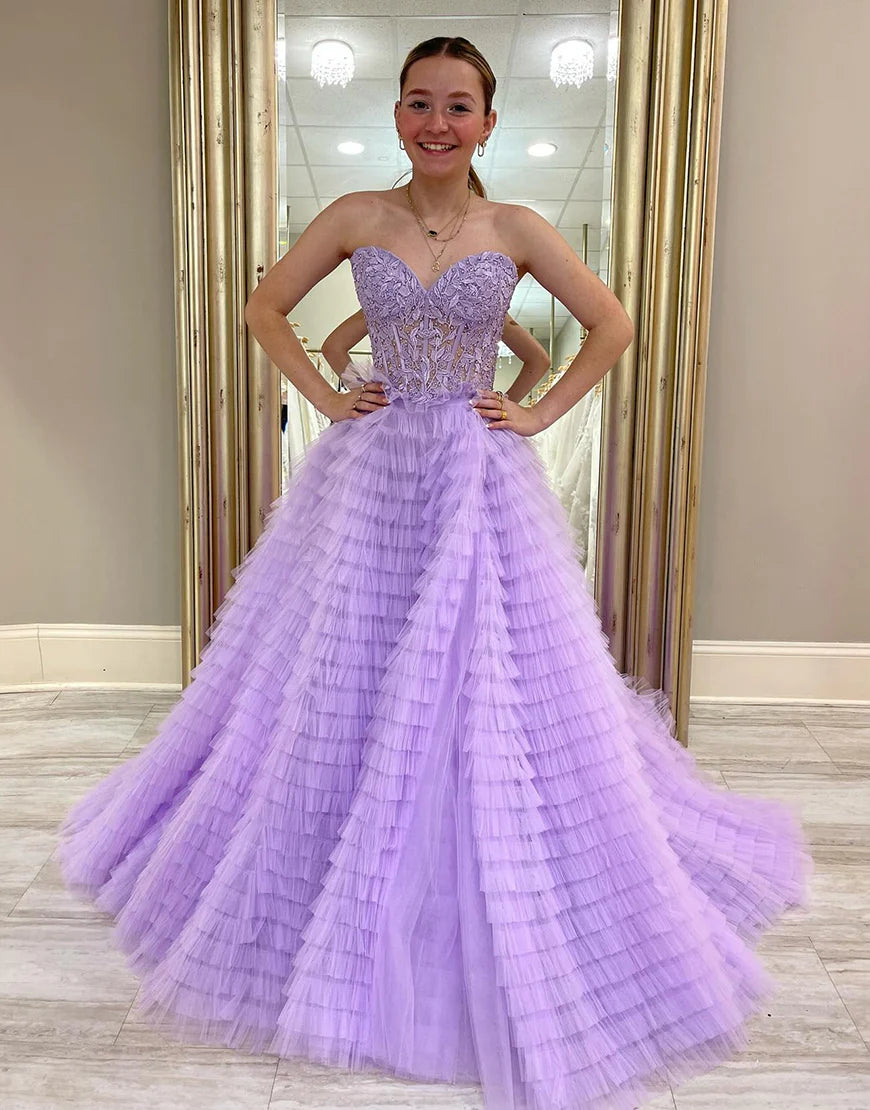 A-Line Sweetheart Ruffle Tiered Prom Dress Ball Gown With Appliques