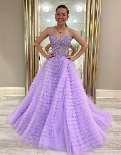 A-Line Sweetheart Ruffle Tiered Prom Dress Ball Gown With Appliques