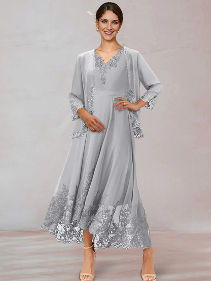 Chiffon Mother of the Bride Dresse Chiffon V-Neck 3/4 Sleeves Ankle-Length Long Evening Dress With Appliques