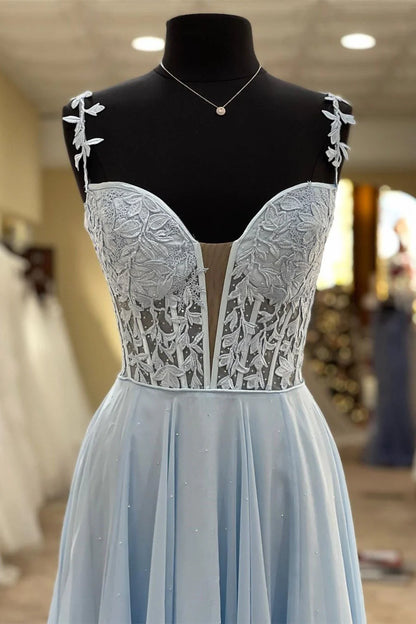 Elegant Blue Straps Long Sweetheart Prom Dress with Sheer Lace Bodice