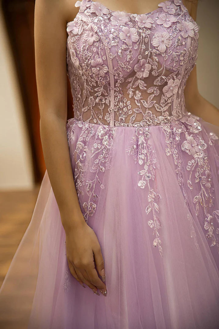 A-Line Princess Lilac Senior Long Tulle Prom Dress With Appliques