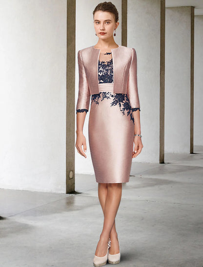 Two Piece Mother of the Bride Dress Wedding Guest Satin Lace 3/4 Length Sleeve Short Jacket Dresses with Appliques Color Block