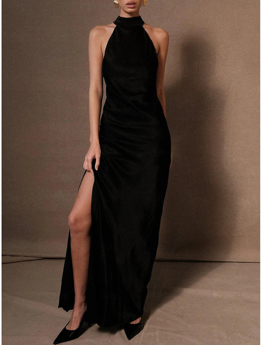 Black Column Elegant Dress Formal Floor Length Sleeveless Halter Neck Charmeuse Backless