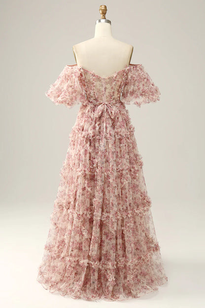 A-Line Floor-length Flower Off The Shoulder Prom Dress