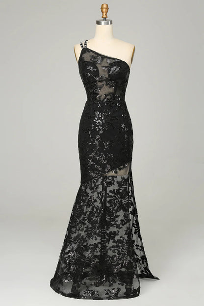 Mermaid Sheath One Shoulder Backless Sequins Black Lace Long Prom Dress