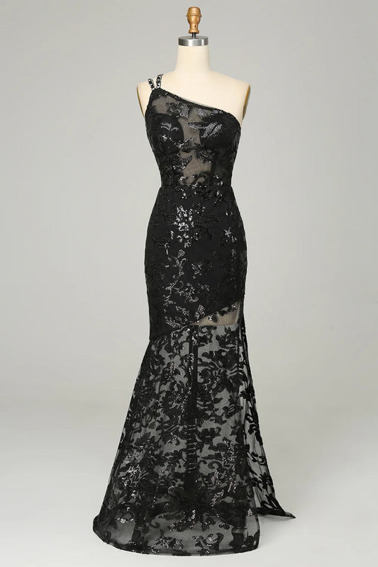 Mermaid Sheath One Shoulder Backless Sequins Black Lace Long Prom Dress