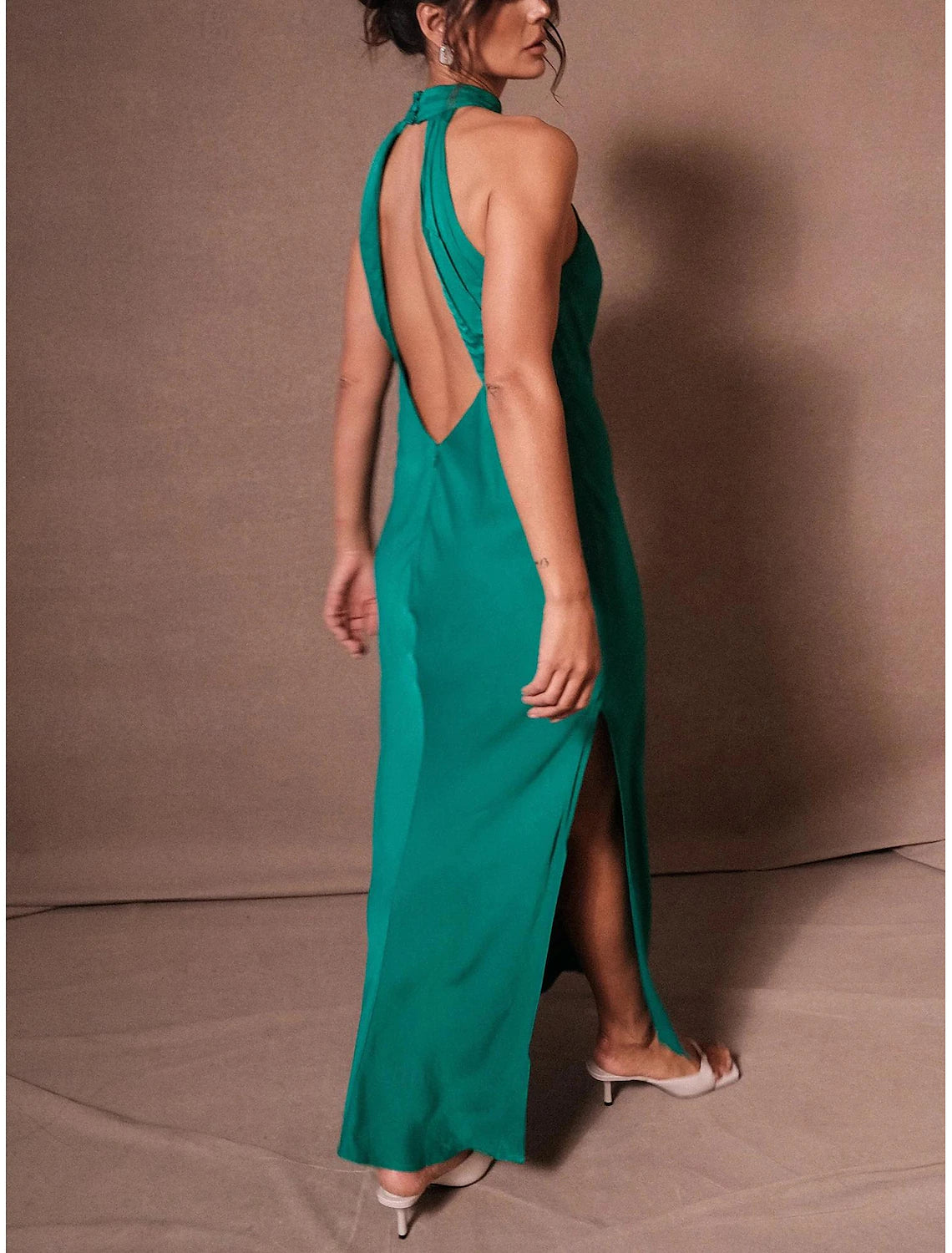 Black Column Elegant Dress Formal Floor Length Sleeveless Halter Neck Charmeuse Backless