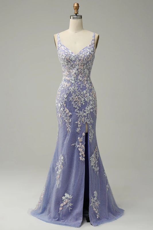 Mermaid V Neck Floor-length Prom Dress Appliques Beading With Slit