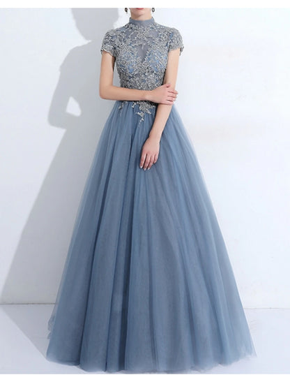 A-Line Evening Gown Prom Dress Quinceanera Floor Length High Neck Tulle with Pleats Appliques