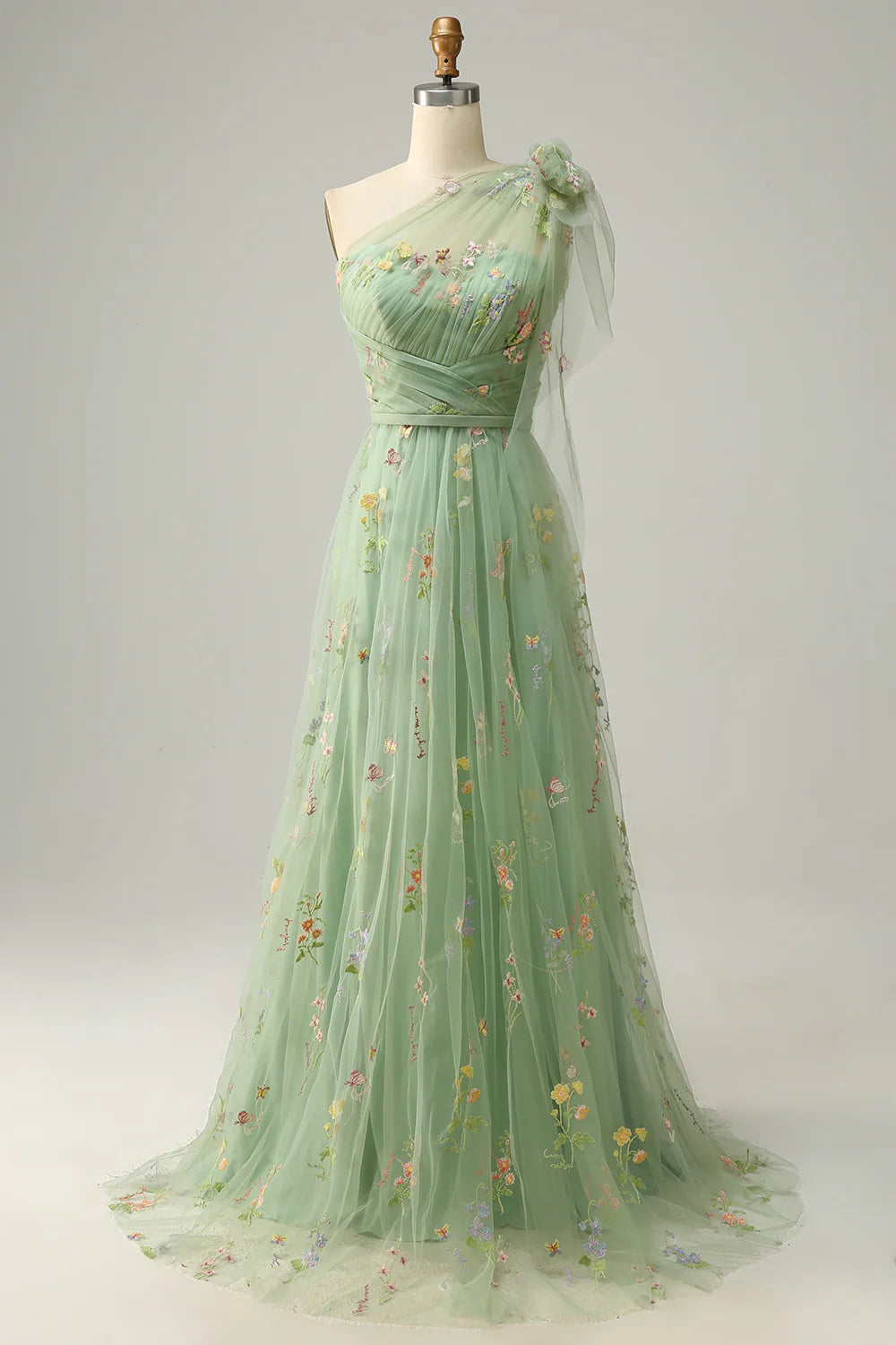 A-Line Grey Blue Tulle Floor-length Prom Dress With Embroidery