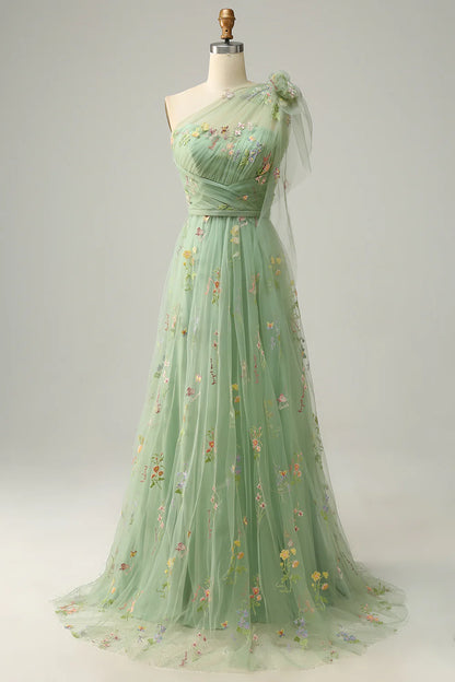 A-Line Grey Blue Tulle Floor-length Prom Dress With Embroidery