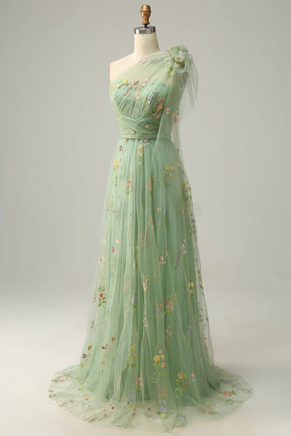 A-Line Grey Blue Tulle Floor-length Prom Dress With Embroidery