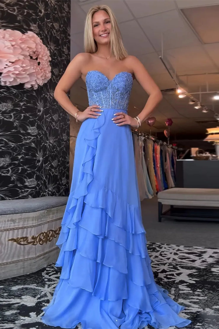 Cute A Line Sweetheart Blue Chiffon Tiered Long Prom Dresses