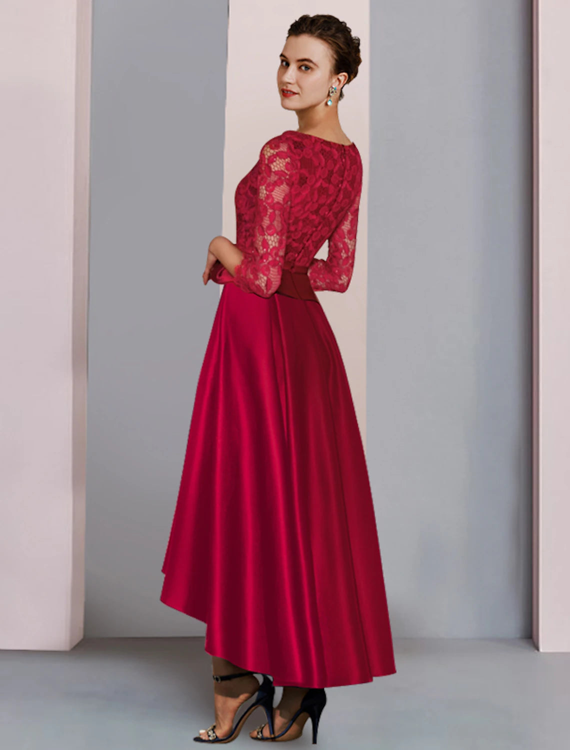 A-Line Mother of the Bride Dress Formal Wedding Guest High Low Scoop Neck Tea Length Satin Lace 3/4 Length Sleeve with Bow(s) Pleats