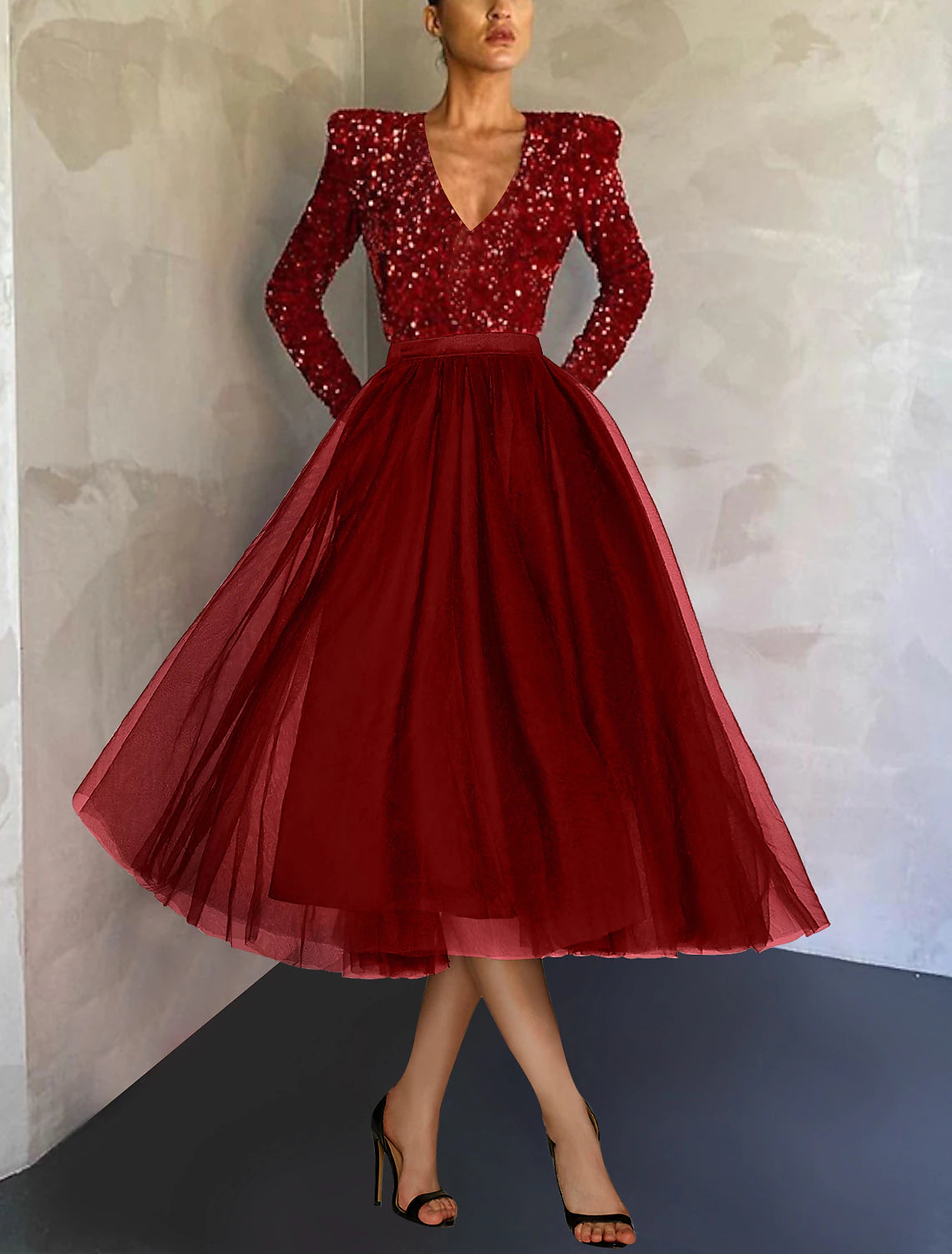 A-Line Cocktail Dress Vintage Dress Evening Party Long Sleeve Jewel Neck with Sequin
