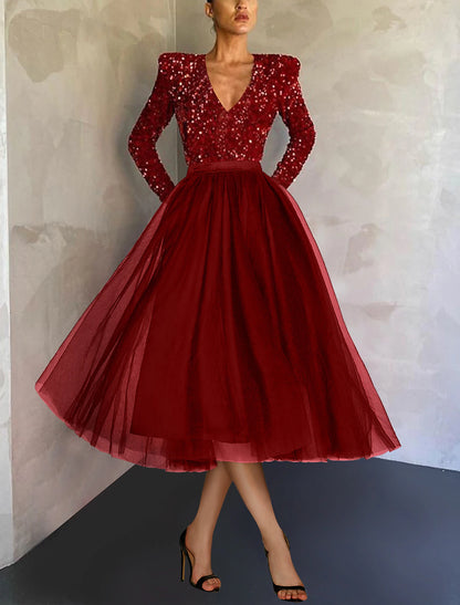 A-Line Cocktail Dress Vintage Dress Evening Party Long Sleeve Jewel Neck with Sequin