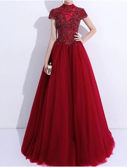 A-Line Evening Gown Prom Dress Quinceanera Floor Length High Neck Tulle with Pleats Appliques