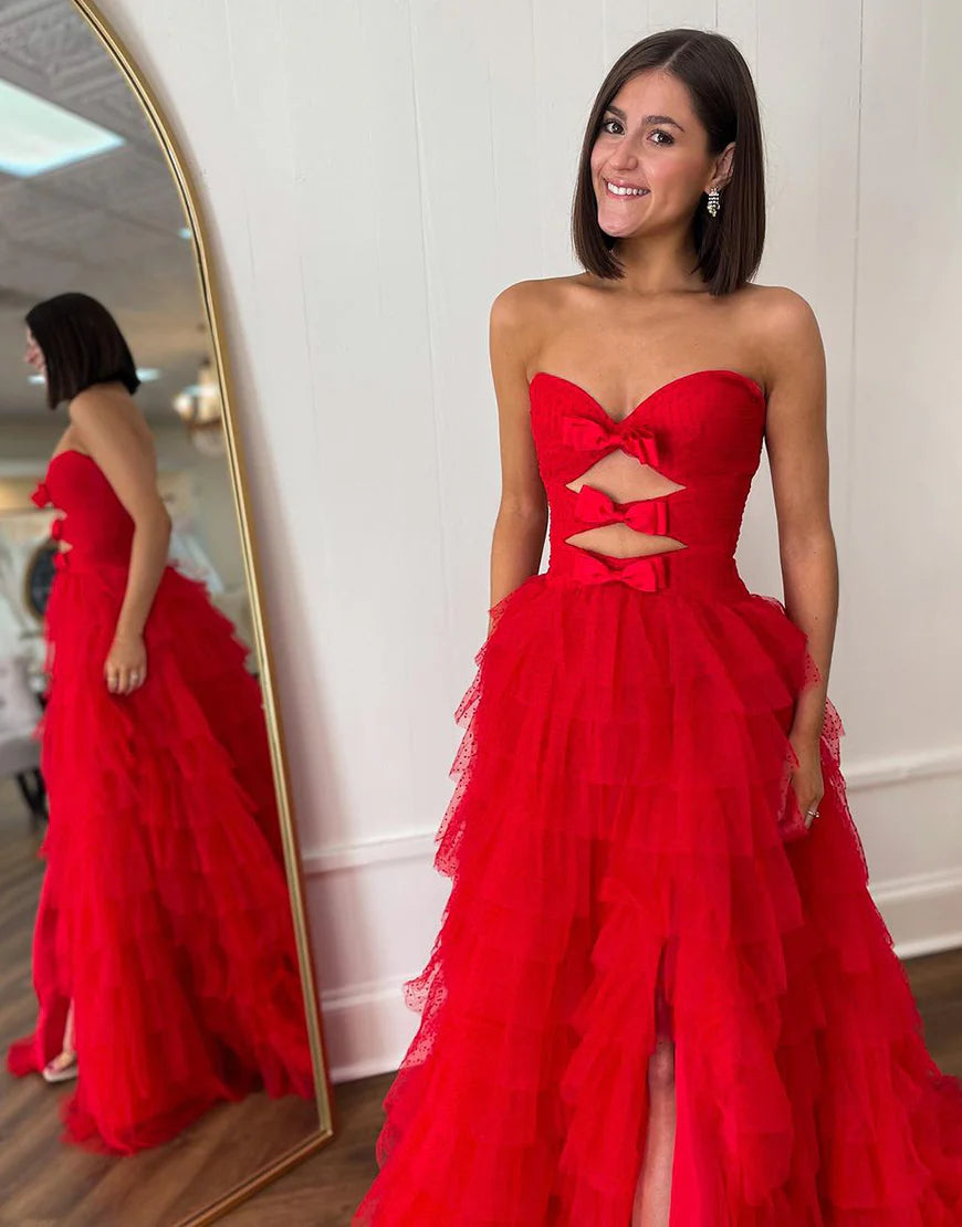 A Line Strapless Keyholes Ruffle Tiered Prom Dress Princess Dress With Slit