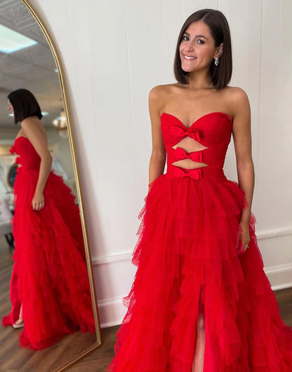 A Line Strapless Keyholes Ruffle Tiered Prom Dress Princess Dress With Slit