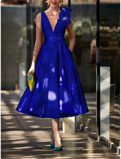 A-Line Cocktail Fall Dresses Elegant Dress Red Green Dress Vintage Formal Tea Length Sleeveless V Neck Belt / Sash Satin with Pleats Shouder Flower