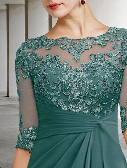 Sheath / Column Mother of the Bride Dress Wedding Guest Jewel Neck Floor Length Chiffon Lace with Appliques