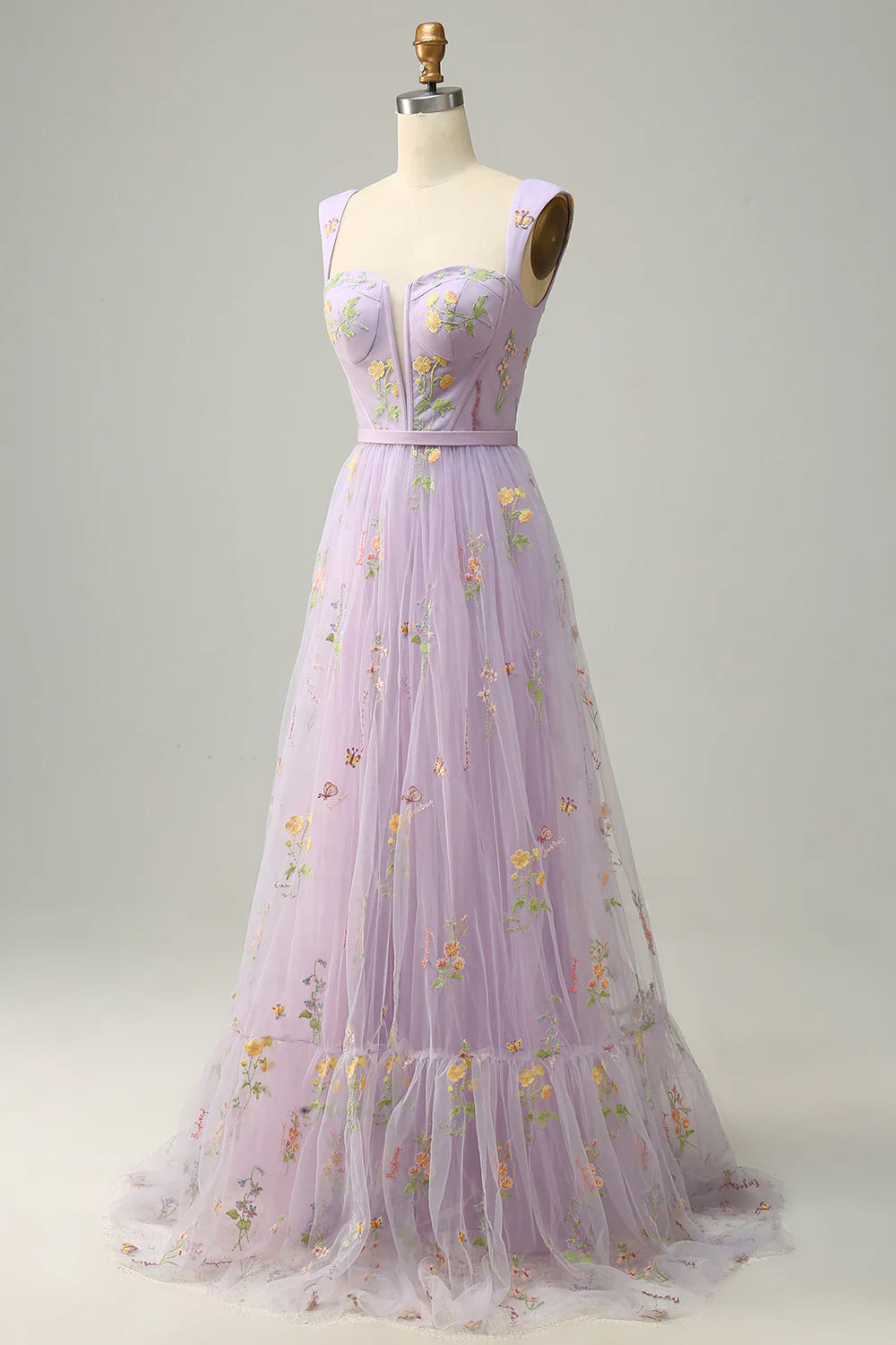 Purple A-Line Princess Floor-length Prom Dress With Embroidery