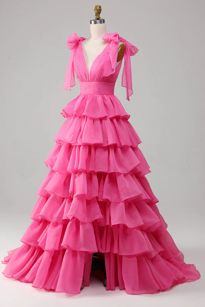 A-Line Princess V-Neck Fuchsia Prom Dress With Slit Court Train Dresses