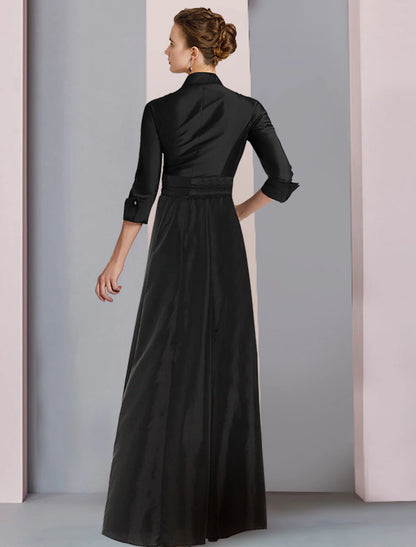 A-Line Mother of the Bride Dress High Low Shirt Collar Asymmetrical Satin 3/4 Length Sleeve with Sash / Ribbon Bow(s) Pleats