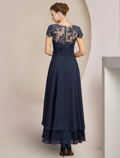 A-Line Mother of the Bride Dress High Low Scoop Neck Asymmetrical Tea Length Chiffon Lace Short Sleeve with Sequin