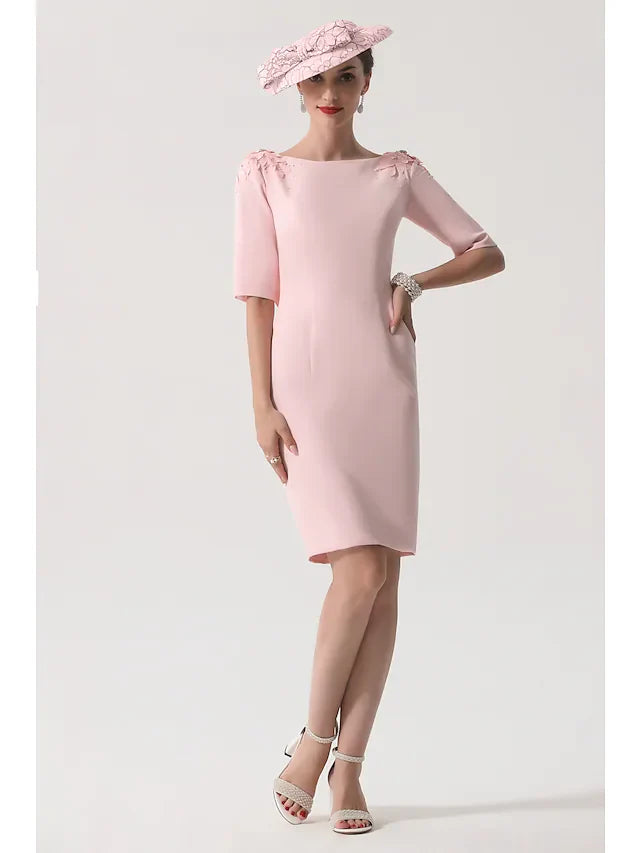 Mother of the Bride Dress Elegant Jewel Neck Knee Length Stretch Satin Half Sleeve with Appliques