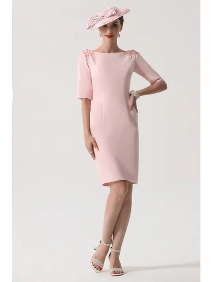 Mother of the Bride Dress Elegant Jewel Neck Knee Length Stretch Satin Half Sleeve with Appliques