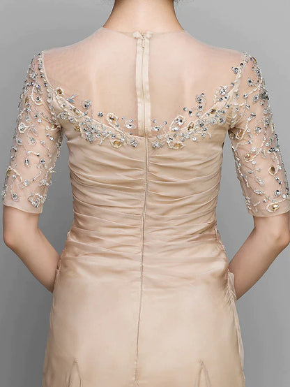 A-Line Mother of the Bride Dress Vintage Inspired Jewel Neck Ankle Length Chiffon Half Sleeve with Ruched Beading