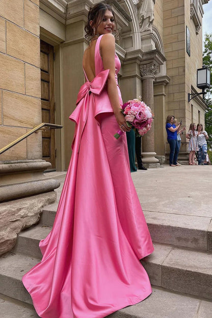 Charming Sweetheart Sheath Pink Saitn Prom Dress with Big Bow