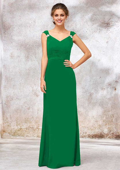 Chiffon Bridesmaid Dress Sheath/Column V Neck Long With Sashes Pleated Beading Wedding Guest Party Dresses