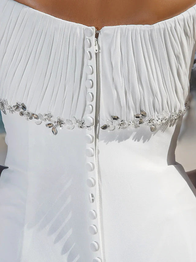 Wedding Dresses Scoop Neck Chiffon Cap Sleeve Beach Plus Size with Beading Draping Button