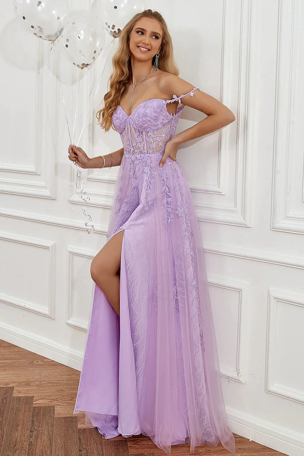 A-line Long Tulle Appliques Prom Dress With Slit