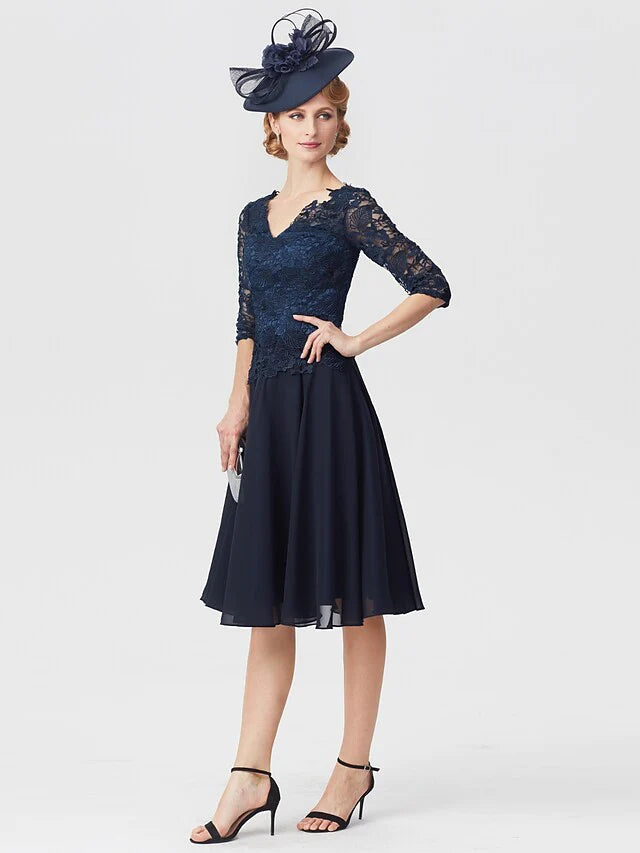 Mother of the Bride Dress Elegant V Neck Knee Length Chiffon Sheer Lace Half Sleeve with Lace